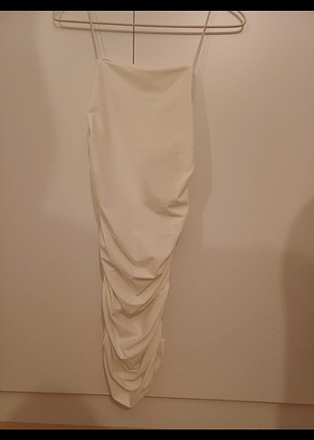 Bej Drapeli Straplez Midi Elbise - Görsel 3