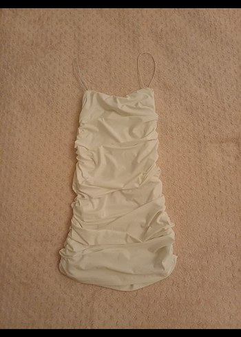 Bej Drapeli Straplez Midi Elbise - Görsel 2