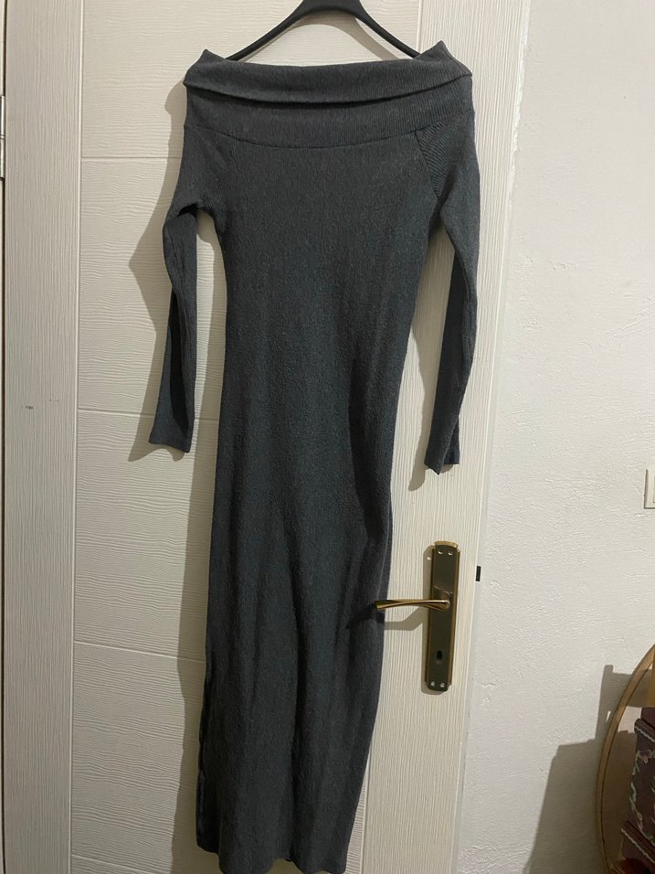 Uzun Gri Triko Kadın Elbise - Görsel 2