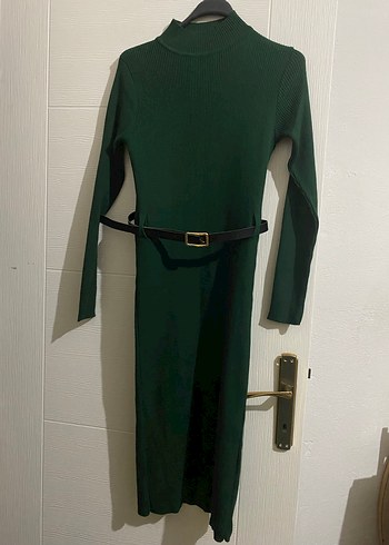 Kemerli Uzun Yeşil Balıkçı Yaka Elbise - Görsel 2