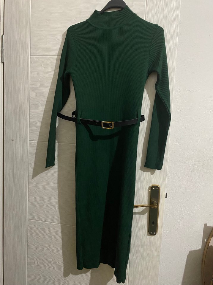 Kemerli Uzun Yeşil Balıkçı Yaka Elbise - Görsel 2