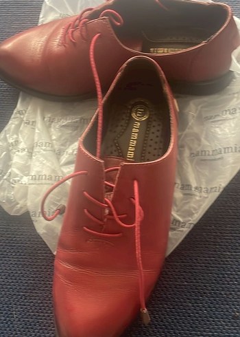 Kırmızı Deri Bağcıklı hakiki derş Kadın Ayakkabı - Görsel 4