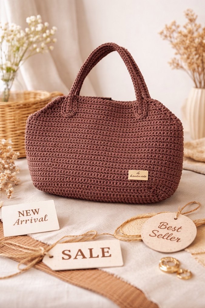 Kahverengi Örgü Kadın Çanta - Görsel 3