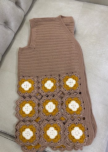 Bej Örgü Kadın Yelek Çiçek Detaylı - Görsel 3