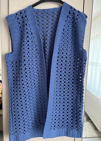 Uzun Mavi Örgü Kadın Yelek - Görsel 2