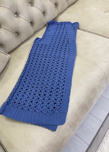 Uzun Mavi Örgü Kadın Yelek - Görsel 4