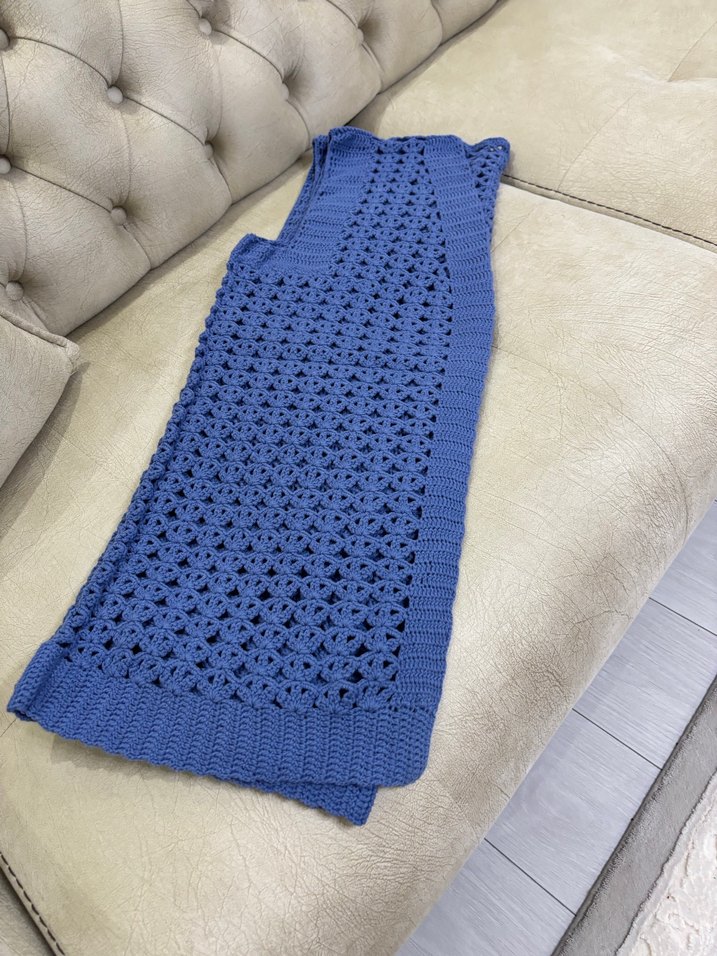 Uzun Mavi Örgü Kadın Yelek - Görsel 4