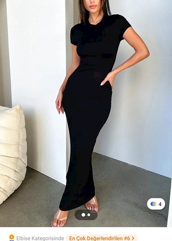 Siyah Uzun Kesim Kısa Kollu Elbise - Görsel 2