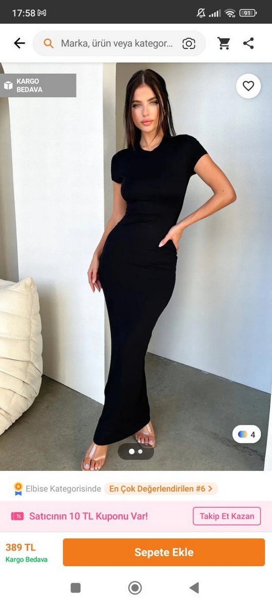 Siyah Uzun Kesim Kısa Kollu Elbise - Görsel 2