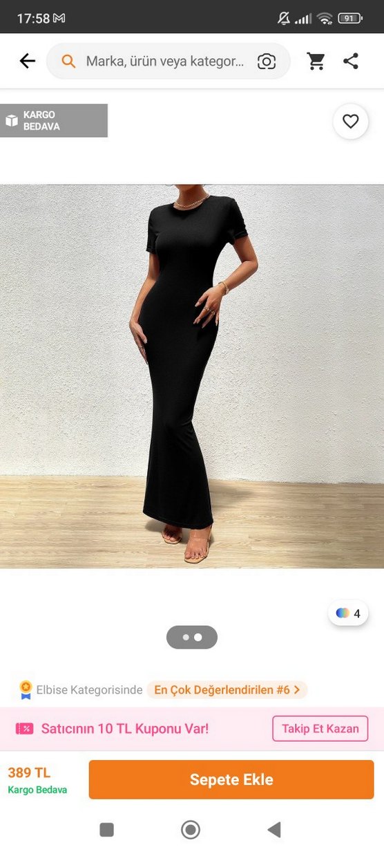 Siyah Uzun Kesim Kısa Kollu Elbise - Görsel 3