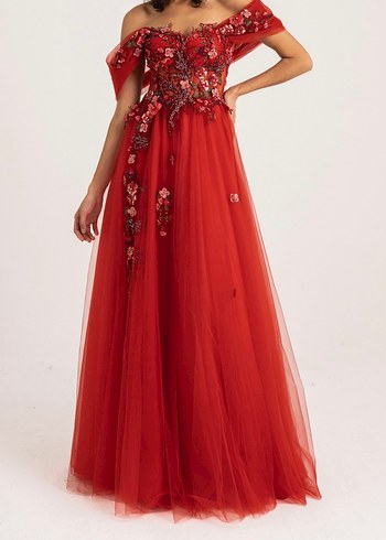 Kırmızı 3D Dantelli Abiye / Kınalık  36 Beden - Görsel 6