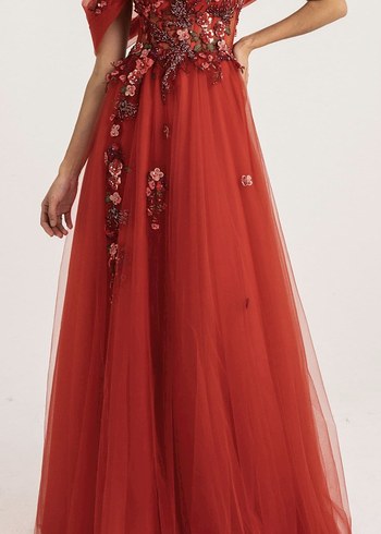 Kırmızı 3D Dantelli Abiye / Kınalık  36 Beden - Görsel 2