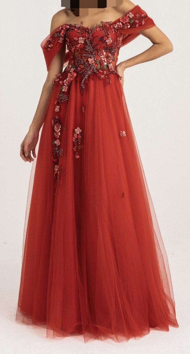 Kırmızı 3D Dantelli Abiye / Kınalık  36 Beden - Görsel 2