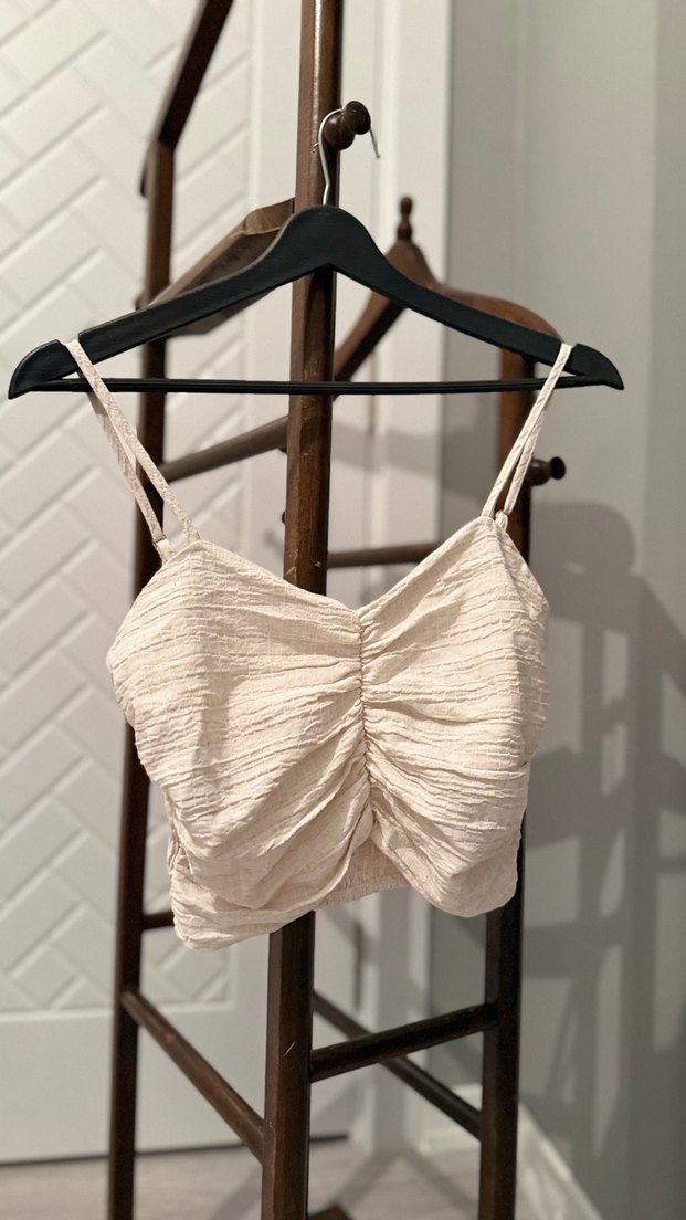 Bej Kadın Keten Pliseli Mini Büstiyer - Görsel 2
