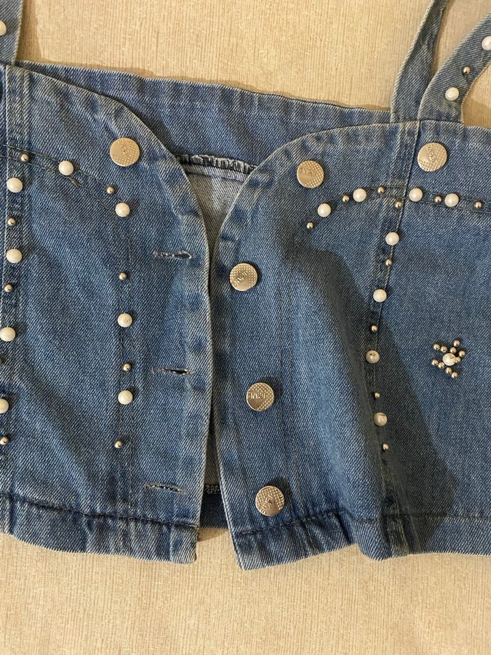 Düğmeli Nakışlı Mavi Denim Büstiyer - Görsel 2