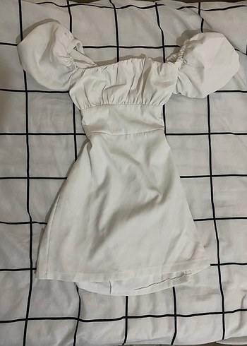 Beyaz Midi Mini Gelinlik, Kayık Yaka, Strappy Kol - Görsel 3