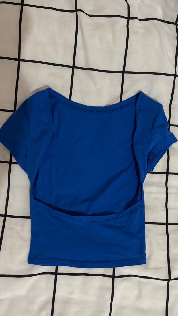 Kadın Mavi Kısa Kollu Tek Renk Tişört - Görsel 2