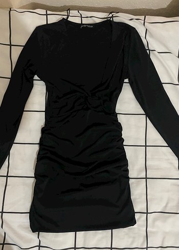 Siyah V Yakalı Drapeli Midi Elbise - Görsel 2