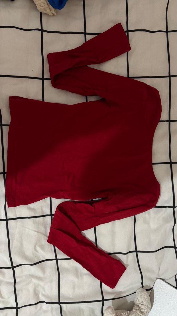 Kadın Kırmızı Uzun Kollu V Yaka Bluz - Görsel 2