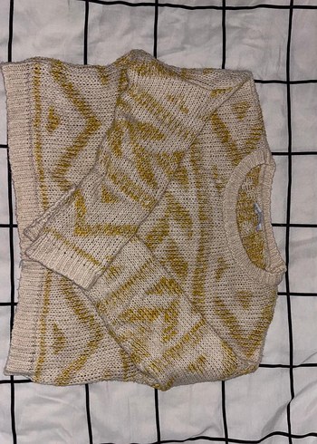 Bohem Tarzı Sarı Gri Örgü Kadın Kazak - Görsel 3