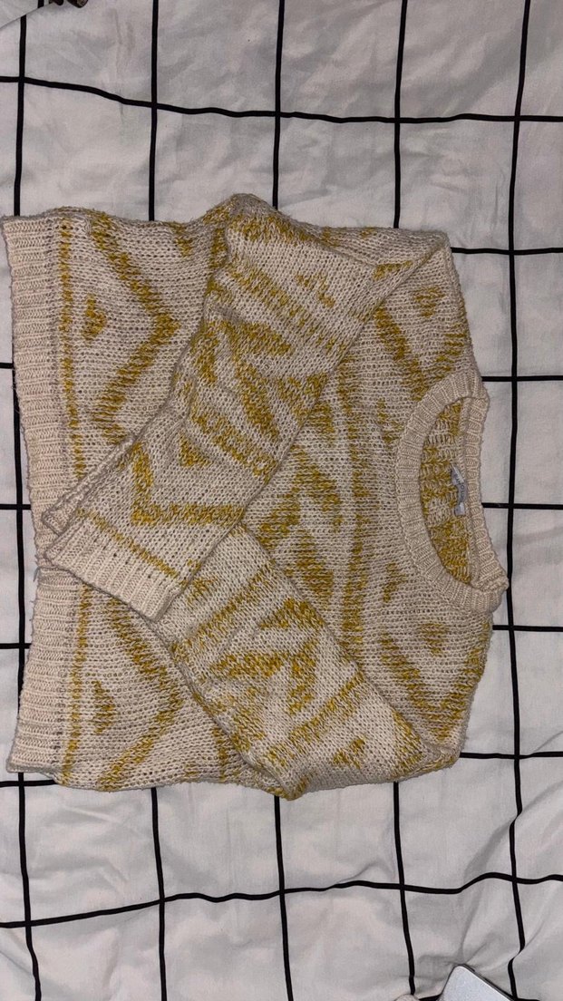 Bohem Tarzı Sarı Gri Örgü Kadın Kazak - Görsel 3