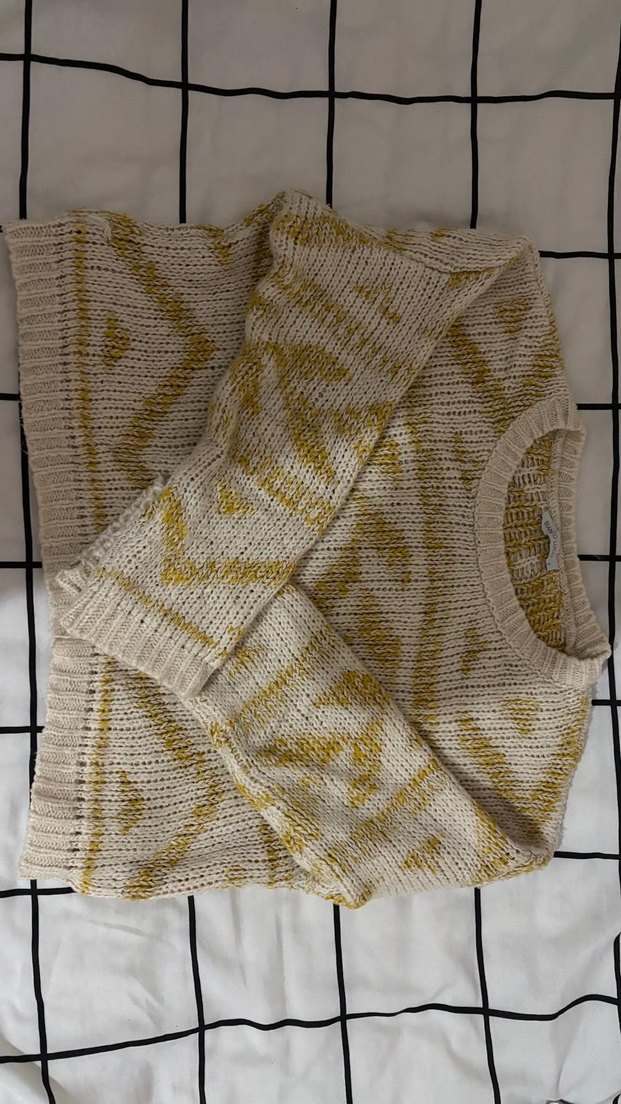 Bohem Tarzı Sarı Gri Örgü Kadın Kazak - Görsel 2