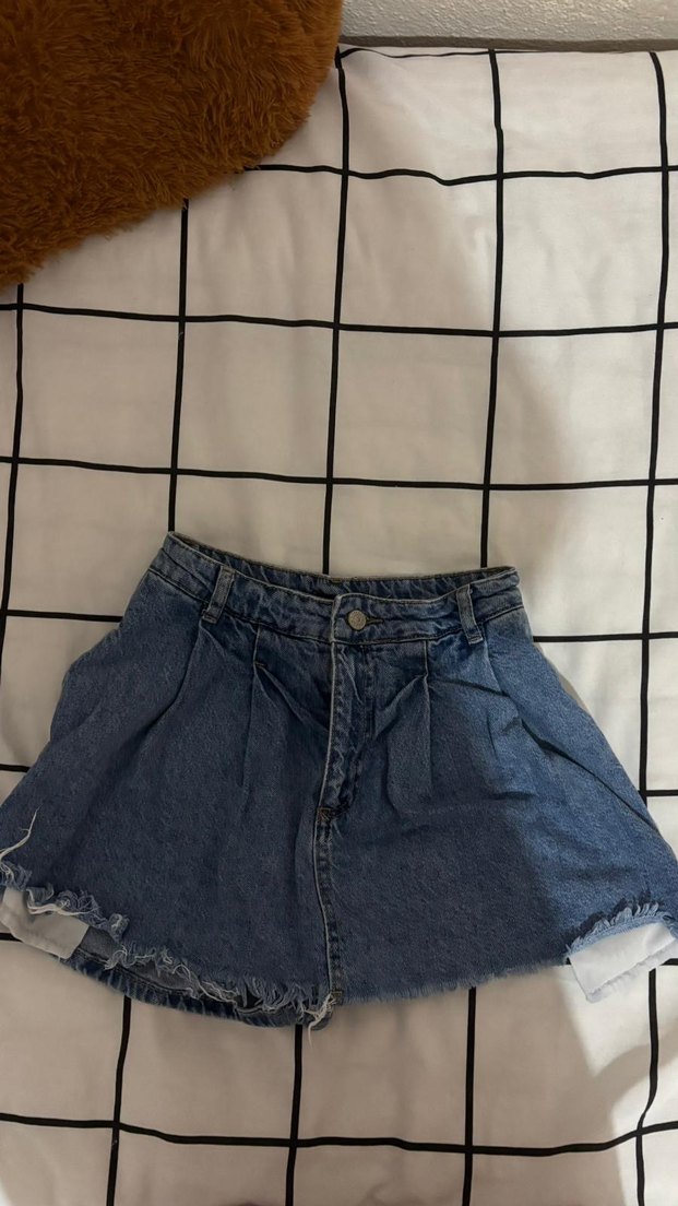 Kadın Mavi Pileli Mini Denim Şort - Görsel 2