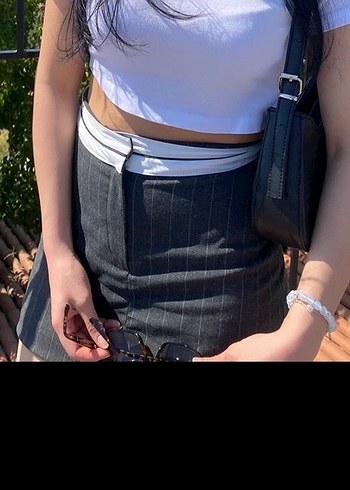 Gri Çizgili Mini Kot Etek - Görsel 6