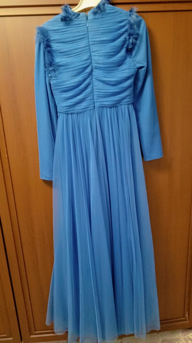 Mavi Drapeli Uzun Kollu Abiye Elbise - Görsel 2