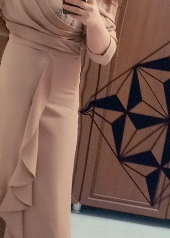 Pastel Pembe Uzun Kollu Drapeli Abiye Elbise - Görsel 3