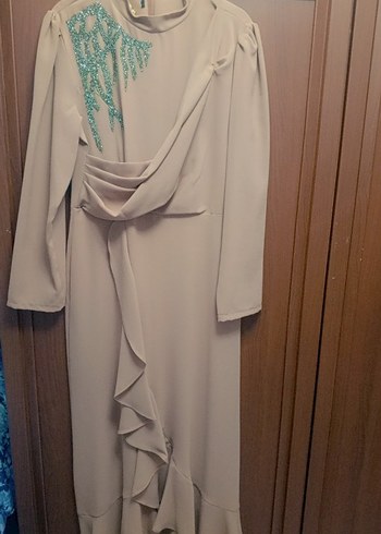 Pastel Pembe Uzun Kollu Drapeli Abiye Elbise - Görsel 4