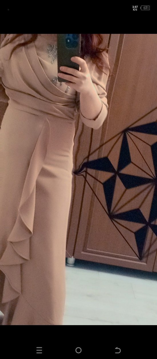 Pastel Pembe Uzun Kollu Drapeli Abiye Elbise - Görsel 3