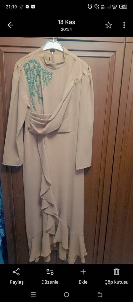 Pastel Pembe Uzun Kollu Drapeli Abiye Elbise - Görsel 4