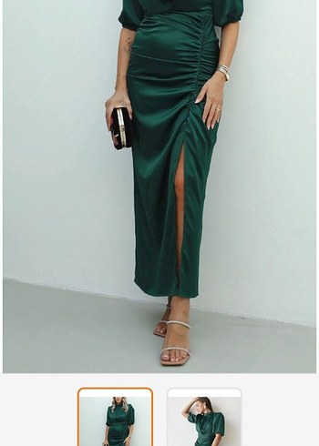 Parlak Yeşil Drapeli Uzun Kadın Elbise - Görsel 2