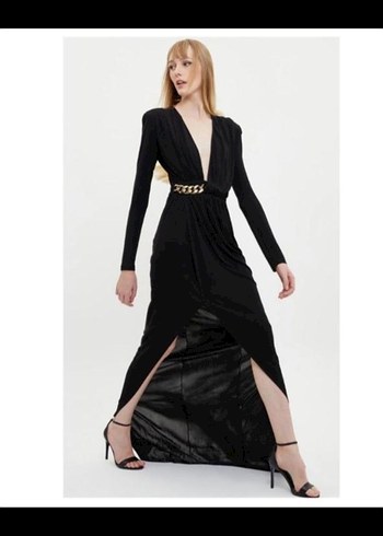 ADL Uzun Kollu Siyah V Yakalı Kuşaklı Abiye Elbise - Görsel 2