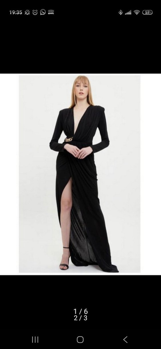 ADL Uzun Kollu Siyah V Yakalı Kuşaklı Abiye Elbise - Görsel 3