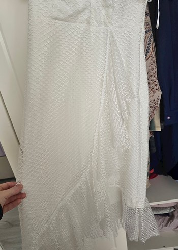 Beyaz Drapeli V Yakalı Uzun Elbise - Görsel 5