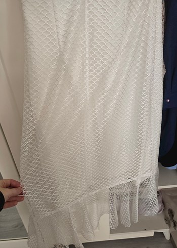 Beyaz Drapeli V Yakalı Uzun Elbise - Görsel 7