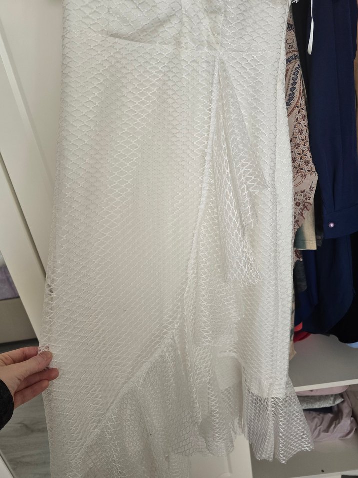 Beyaz Drapeli V Yakalı Uzun Elbise - Görsel 5