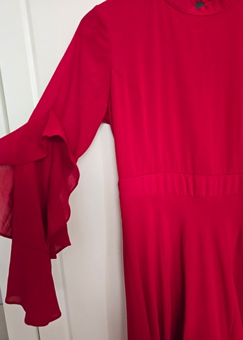 Kadın Uzun Kırmızı Drapeli Elbise - Görsel 5