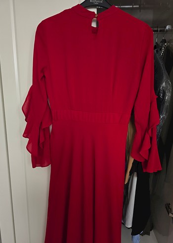 Kadın Uzun Kırmızı Drapeli Elbise - Görsel 3