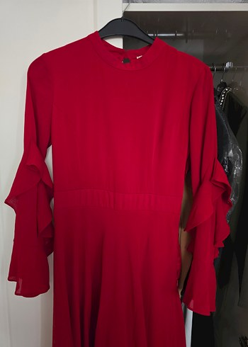 Kadın Uzun Kırmızı Drapeli Elbise - Görsel 4