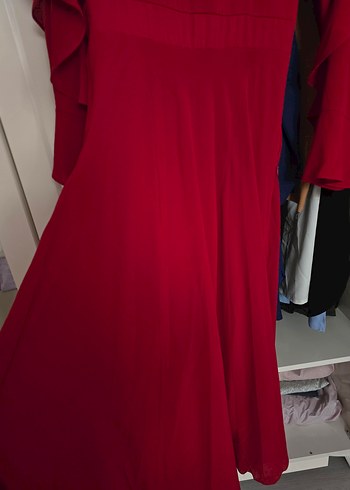 Kadın Uzun Kırmızı Drapeli Elbise - Görsel 2