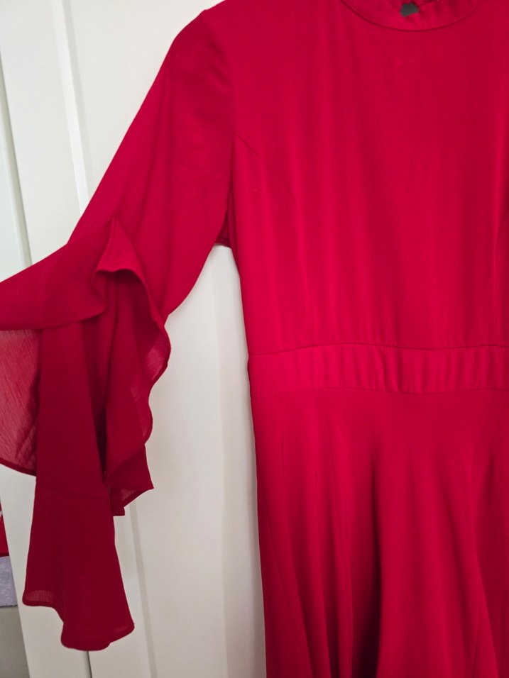 Kadın Uzun Kırmızı Drapeli Elbise - Görsel 5