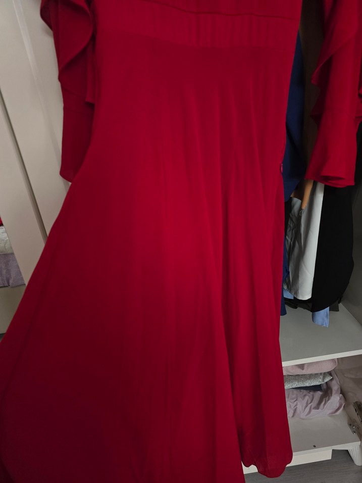 Kadın Uzun Kırmızı Drapeli Elbise - Görsel 2