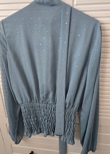 Adil ışık V Yaka Drapeli Mavi Uzun Kollu Bluz - Görsel 5