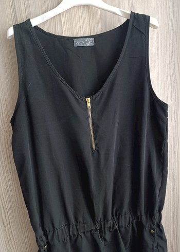 Siyah Midi Kadın Tulum, V-Yaka, Fermuarlı - Görsel 4