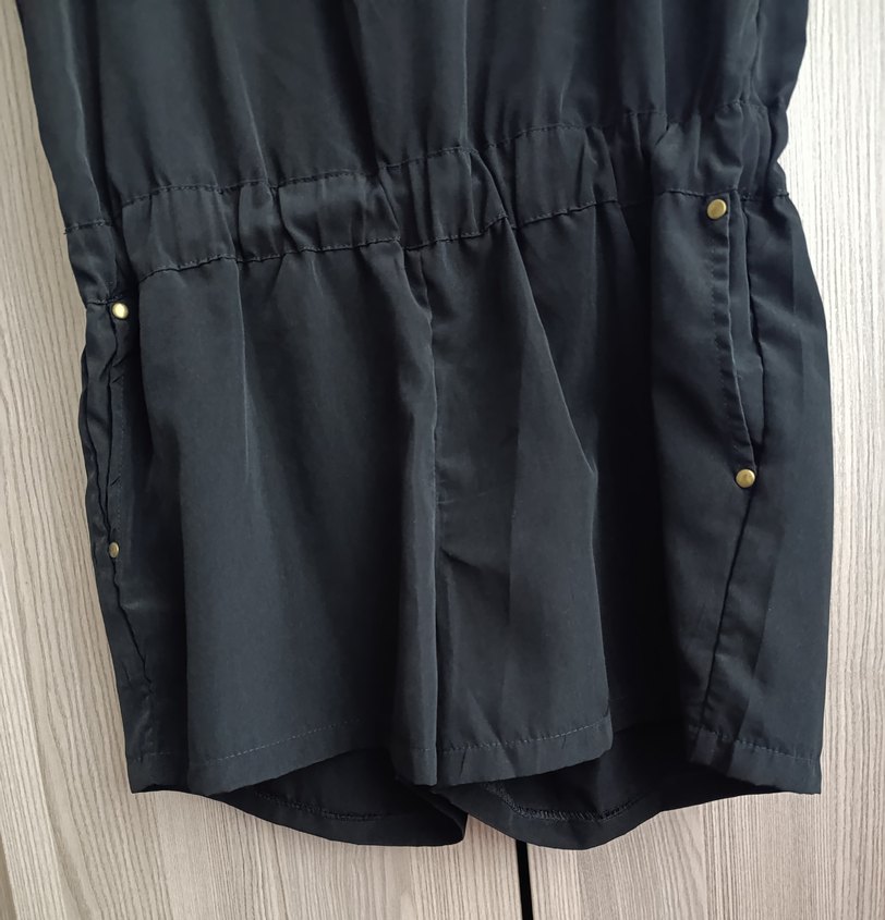 Siyah Midi Kadın Tulum, V-Yaka, Fermuarlı - Görsel 3