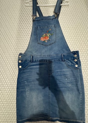 Nakışlı Mavi Denim Kadın Salopet Elbise - Görsel 2