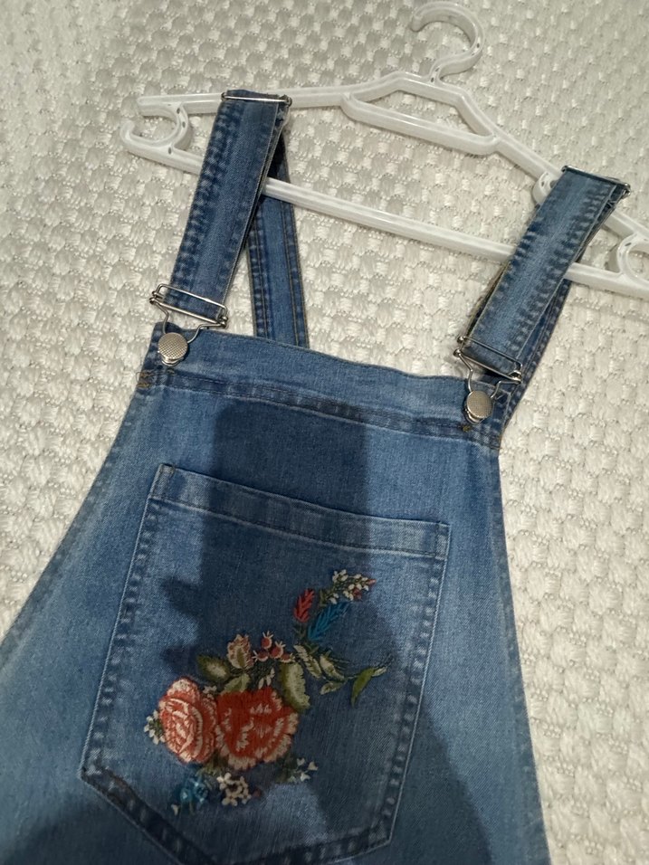 Nakışlı Mavi Denim Kadın Salopet Elbise - Görsel 3